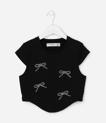 Blusa Curta Infantil com Estampa de Laços em Strass - Tam 5 a 14 Anos