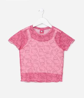 Camiseta Infantil em Tule com Estampa Hello Kitty - Tam 7 a 14 Anos