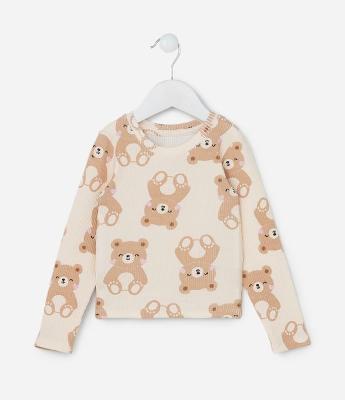 Blusa Infantil Canelada Estampada de Ursinhos - Tam 1 a 5
