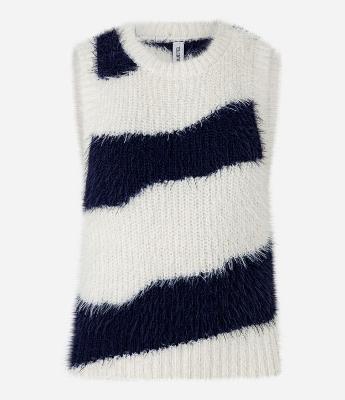 Colete em Tricô Listrado com Pelinhos