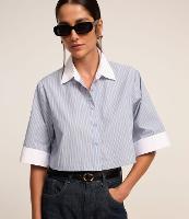 Camisa em Tricoline Gola com Lapela e Manga 3/4 Contrastantes Estampa Fio Tinto - 2