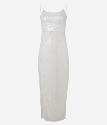 Vestido Longo em Paetê com Transparência e Fenda