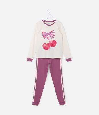 Pijama Longo Infantil em Algodão com Estampa de Cereja e Listras Laterais -Tam 5 ao 14 Anos