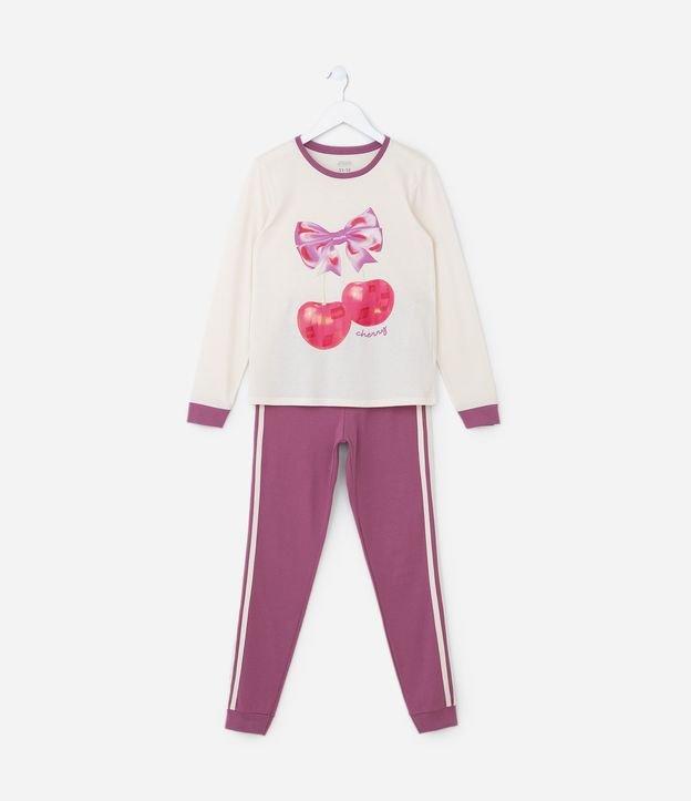 Pijama Longo Infantil em Algodão com Estampa de Cereja e Listras Laterais -Tam 5 ao 14 Anos - 1
