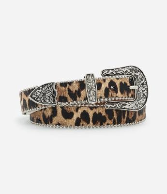 Cinto Médio com Estampa Animal Print Onça e Fivela Western Trabalhada