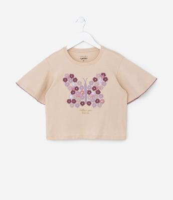 Blusa Infantil com Manga Ampla e Borboletas de Organza - Tam 5 a 14 anos