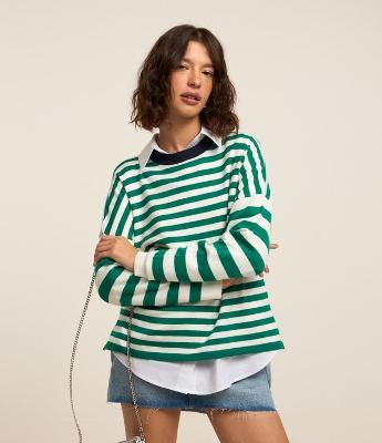 Suéter Slim em Tricô com Listras e Gola Contrastante