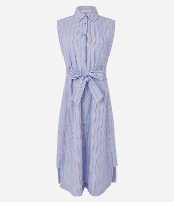 Vestido Chemise Midi em Tricoline Listrado sem Manga