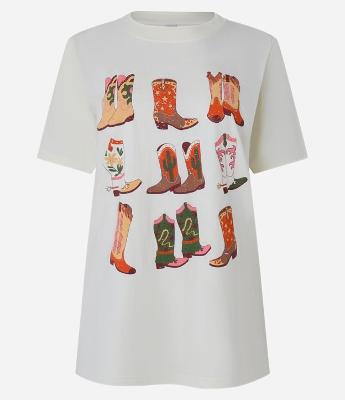 Camiseta Alongada em Algodão com Estampa de Botinhas