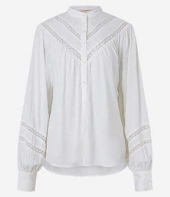 Camisa manga longa Viscose Liso gola padre com detalhes de entremeios no corpo e manga