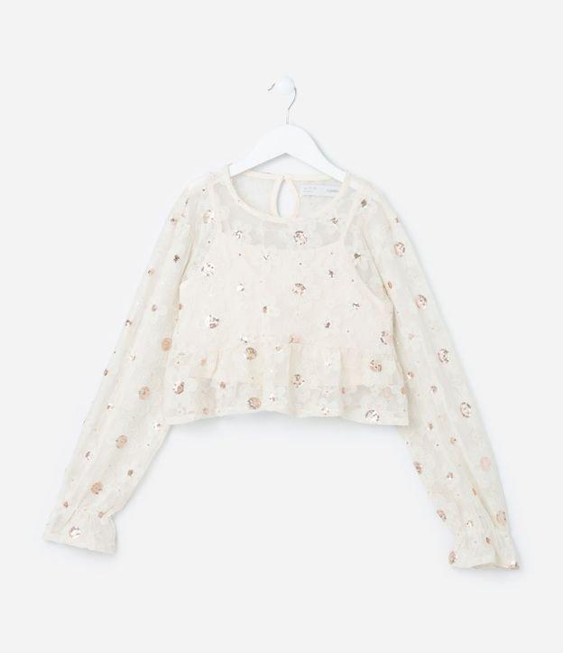 Blusa Curta Infantil em Tule com Bordado de Paetês - Tam 5 a 14 Anos - 2