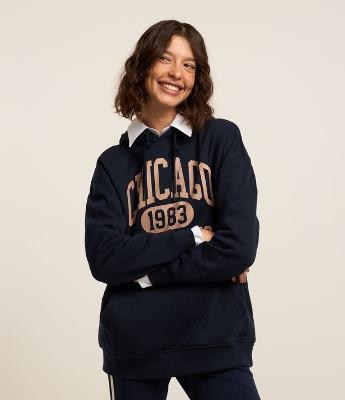 Blusão em Moletom com Forro Fleece e Estampa Chicago 1983
