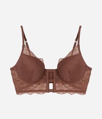 Sutiã Alongado com Bojo Oco em Microfibra e Detalhes de Renda