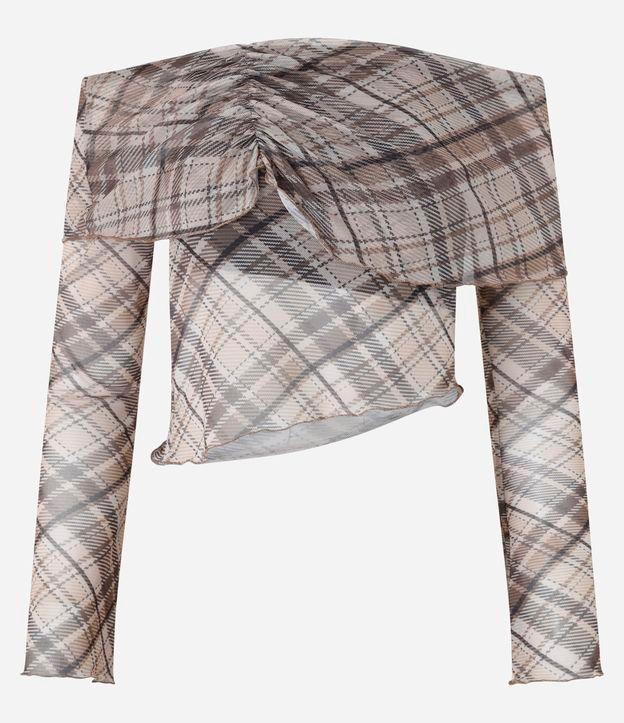 Blusa em Tule Xadrez com Pala Franzida e Decote Ombro a Ombro - 1