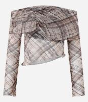 Blusa em Tule Xadrez com Pala Franzida e Decote Ombro a Ombro - 1