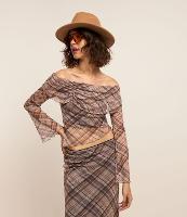 Blusa em Tule Xadrez com Pala Franzida e Decote Ombro a Ombro - 2