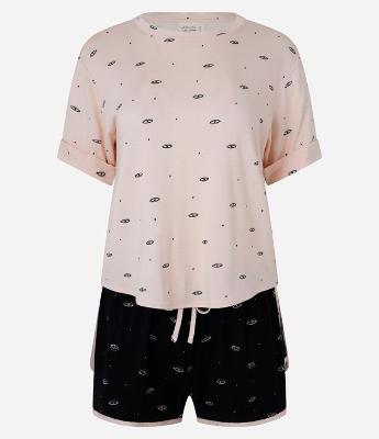 Pijama Short Doll em Viscose com Estampa Olhos