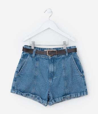 Short Mom Infantil em Jeans com Cinto - Tam 5 a 14 Anos