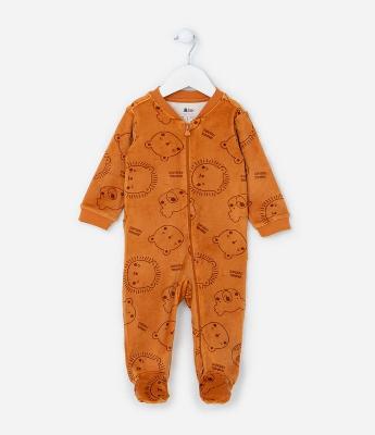 Macacão Longo Infantil em Plush com Estampa Bichinhos e Pé Fechado - Tam RN a 24 meses