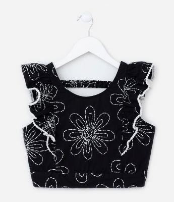 Blusa Cropped Infantil com Bordado de Margaridas - Tam 5 a 14 Anos