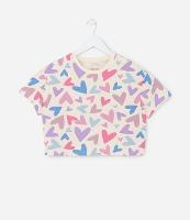 Camiseta Curta Infantil com Estampa Corações - Tam 5 a 14 Anos - 1