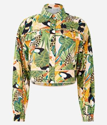 Jaqueta Curta em Viscose e Linho com Estampa Tropical