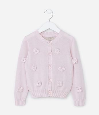 Cardigan Infantil em Tricô com Flores Aplicadas - Tam 1 a 5 Anos