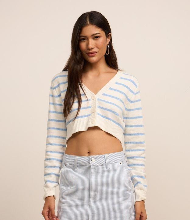 Cardigan Cropped em Chenille com Listras e Botões - 1