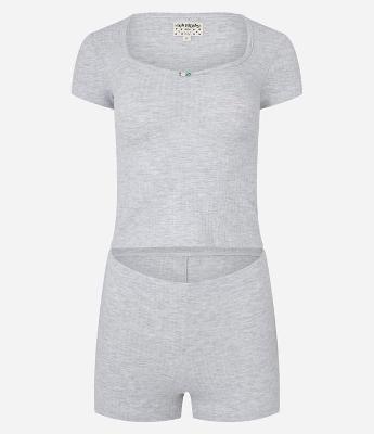 Pijama Short Doll Canelado em Ribana com Florzinha no Decote