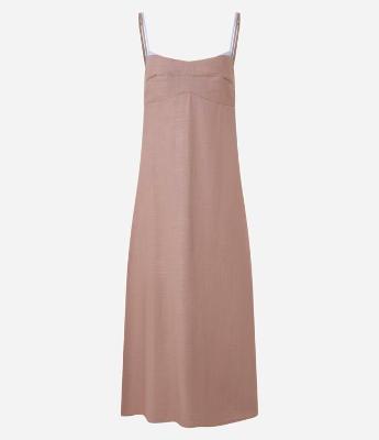 Vestido Plano em Viscolinho com Decote Coração e Contrastes