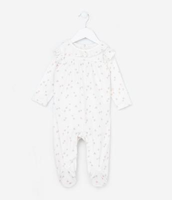Macacão Infantil em Plush com Estampa Floral e Pé Fechado - Tam RN a 18 meses