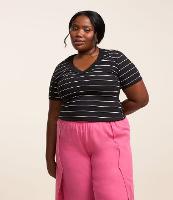 Blusa em Ribana Listrada com Gola V Curve & Plus Size - 1
