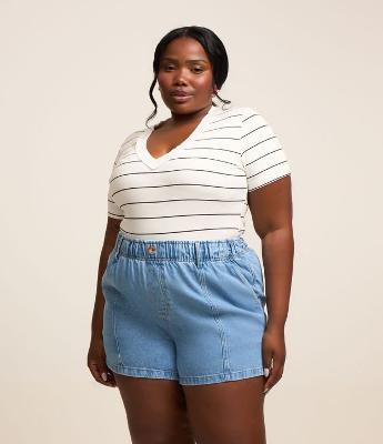Blusa em Ribana Listrada com Gola V Curve & Plus Size