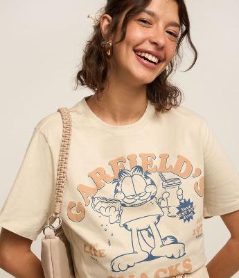 Camiseta Alongada em Algodão com Estampa Garfield Snacks