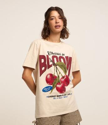 Camiseta Alongada em Algodão com Estampa de Cereja