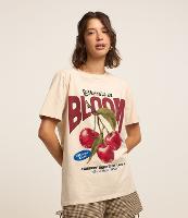 Camiseta Alongada em Algodão com Estampa de Cereja - 1