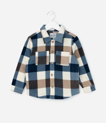 Camisa Infantil em Fleece com Estampa Xadrez e Bolsinhos - Tam 1 a 5 Anos