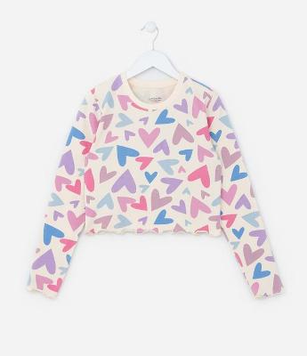 Camiseta Curta Infantil com Estampa Corações - Tam 5 a 14 Anos