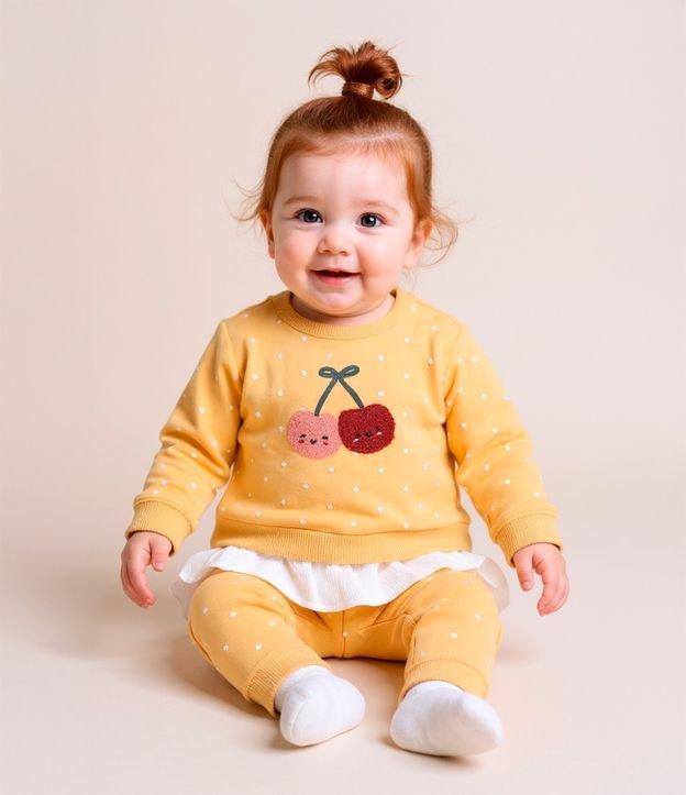 Conjunto Infantil Quentinho Poá com Babado e Bordado de Cereja - Tam 0 a 18 meses - 2