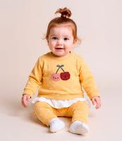 Conjunto Infantil Quentinho Poá com Babado e Bordado de Cereja - Tam 0 a 18 meses - 2
