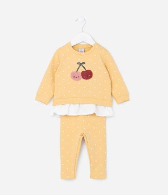 Conjunto Infantil Quentinho Poá com Babado e Bordado de Cereja - Tam 0 a 18 meses