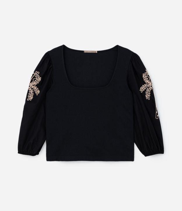 Blusa em Ribana com Manga 3/4 e Bordado Curve & Plus Size - 1