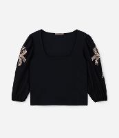 Blusa em Ribana com Manga 3/4 e Bordado Curve & Plus Size - 1