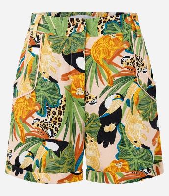 Short Curto em Viscose e Linho com Estampa Tropical