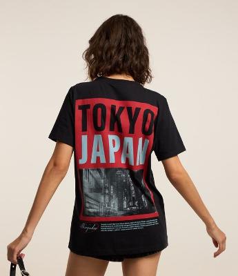 Camiseta Alongada em Algodão com Estampa Tokyo Frente e Costas