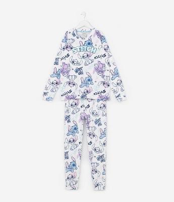 Pijama Longo Infatil em Plush com Estampa Stitch e Bordado Metalizado - Tam 5 a 14 anos