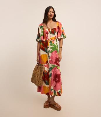 Vestido Long Midi Evasê em Viscolinho com Aviamento na Barra e Estampa Floral