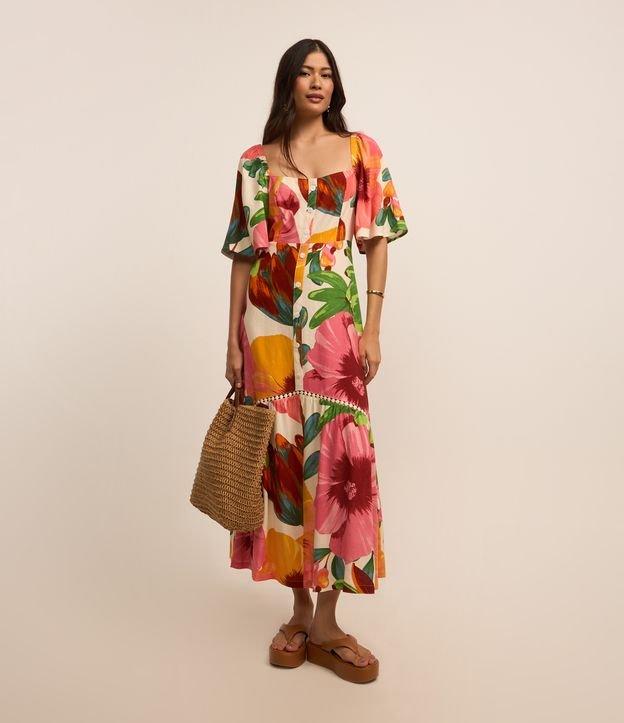 Vestido Long Midi Evasê em Viscolinho com Aviamento na Barra e Estampa Floral - 1