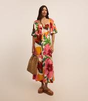 Vestido Long Midi Evasê em Viscolinho com Aviamento na Barra e Estampa Floral - 1