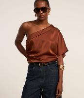 Blusa Acetinada com Ombro Único e Drapeado Lateral - 1